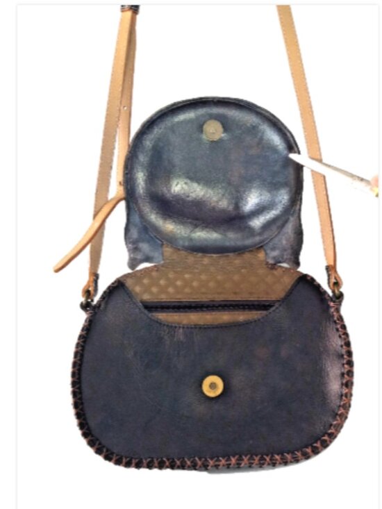 Leather Cat Face Crossbody Bag Hand Tooled Embossed Black Boho Whipstitch - Picture 8 of 14